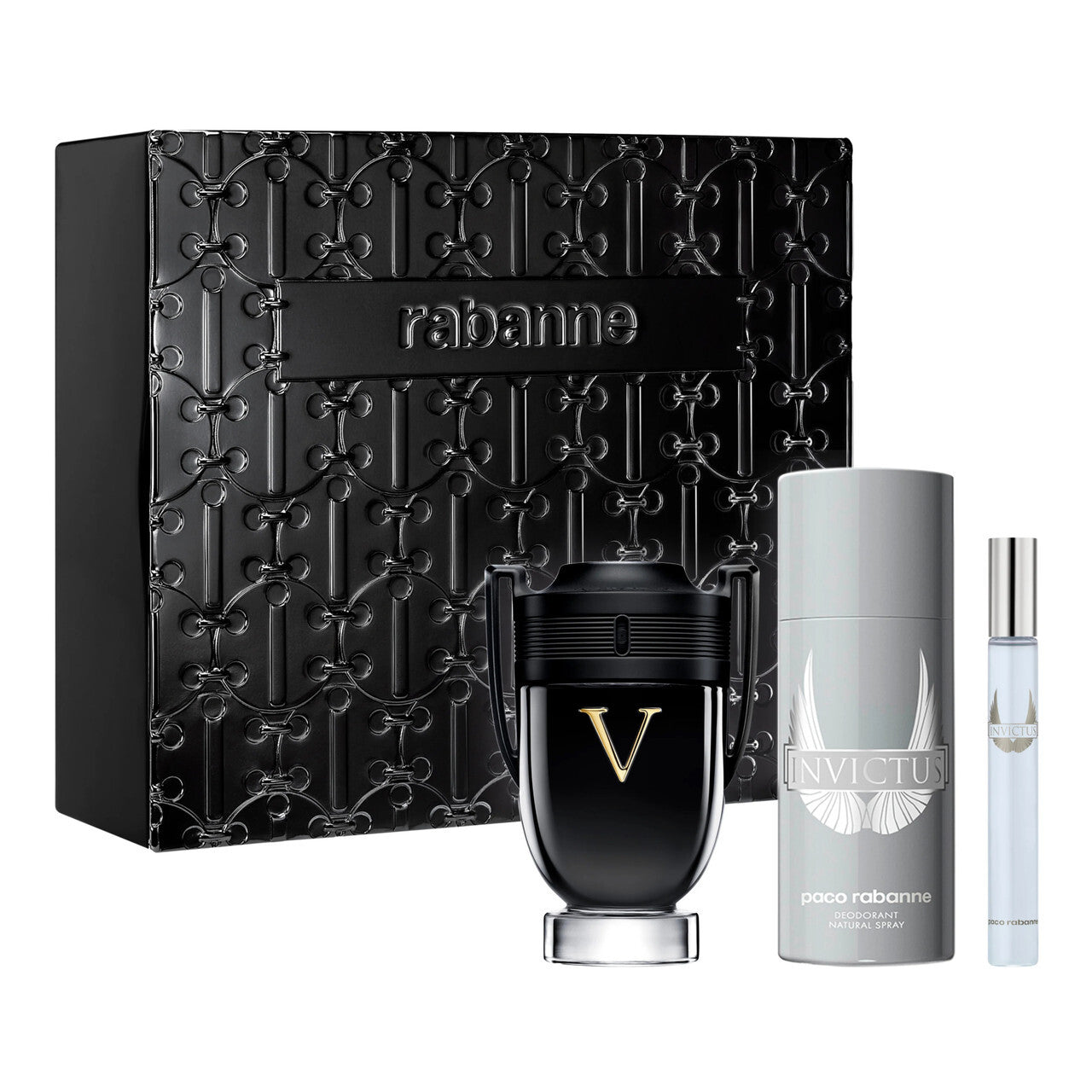 Paco rabanne invictus victory 3 pcs set for men: 3.4 eau de parfum + 5 oz deodorant spray + 0.34 eau de parfum (metal)