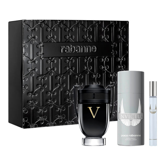 Paco rabanne invictus victory 3 pcs set for men: 3.4 eau de parfum + 5 oz deodorant spray + 0.34 eau de parfum (metal)